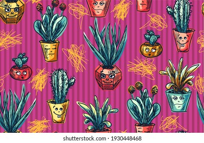 Cheerful pattern with hand drawn succulents and cacti. Indoor potted plants with cute faces and different emotions. Home flowers in a seamless background.