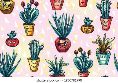 Cheerful pattern with hand drawn succulents and cacti. Indoor potted plants with cute faces and different emotions. Home flowers in a seamless background.