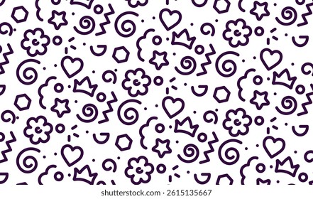 A cheerful pattern. The illustration is suitable for postcards, backgrounds, wallpapers, textiles. A pattern in the style of a cute squiggle with simple shapes. EPS10