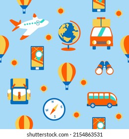 cheerful pattern with the image of a tourist set, summer holidays and travel