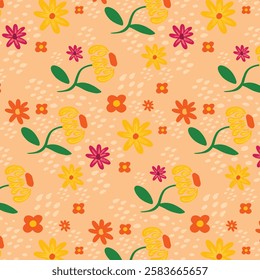 cheerful pattern inspired by sunflowers, featuring bold yellow petals, dark brown centers, and lush green leaves.