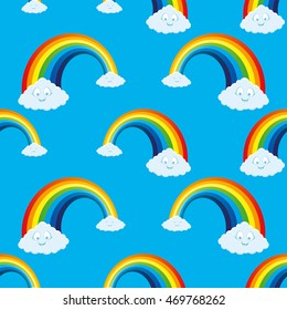 Cheerful pattern for seamless background. Cute clouds and a rainbow.