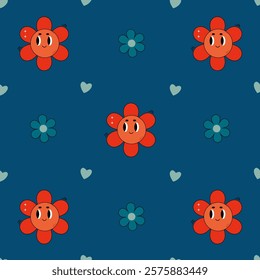 cheerful pattern with smiling flowers and hearts in cartoon style