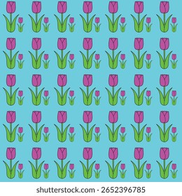 Un alegre patrón de tulipanes rosados estilizados con hojas y subgrupos verdes, repetidos sobre un fondo azul brillante