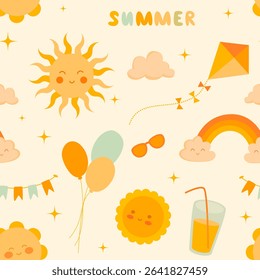 A cheerful pattern with a summer infusion. Smiling sun, clouds, balloons, kite, rainbow, sunglasses. Suitable for summer textiles, beach covers, towels, gift wrapping, children's clothing