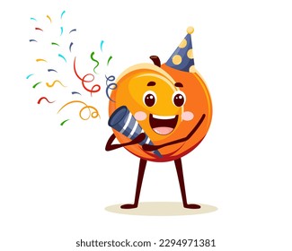 Cheerful peach character in a party hat with a party cracker with confetti. Greeting cartoon card, vector