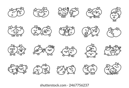 Cheerful peach couple. Coloring Page. Funny cartoon characters. Hand drawn style. Vector drawing. Collection of design elements.