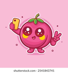 Mascota alegre del personaje de la fruta del melocotón que toma un selfie con un dibujo animado aislado del smartphone