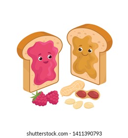 Cheerful Peanut Butter and Jelly Jam on the loaf Bread Sandwiches Cartoon characters and peanuts and raspberries isolated on white background. Vector illustration in flat design.