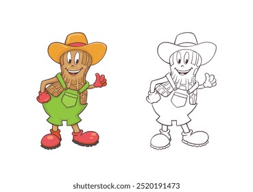Cheerful peanut character with big red boots and farmer trousers vector illustration, colored and outlined black line art
