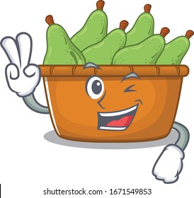 Cheerful pear fruit box mascot design with two fingers