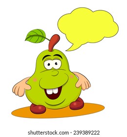 Cheerful pear with a fun mug and cloud-thought.