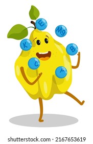 Cheerful pear, quince character deftly juggles balls with vitamins. Benefits of fresh vegetables and fruits during dietary nutrition. Cartoon vector isolated on white background