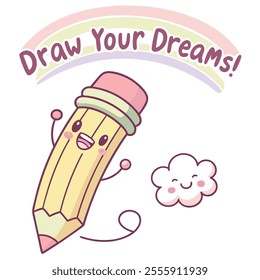 Cheerful pencil cartoon character decorated with cute clouds and a rainbow.
Suitable for stickers, study room decor, back-to-school posters, motivational banners, and more.