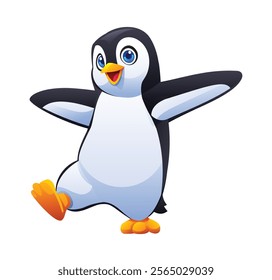 Cheerful penguin dancing joyfully with arms wide open. Vector cartoon character illustration