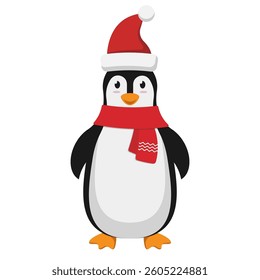 A cheerful Penguin dressed in a Santa Hat and Scarf for the festive Christmas season