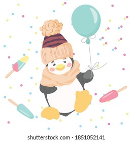 Pingüino alegre en un sombrero con globo. Ilustración vectorial. Enhorabuena el elemento de diseño postal.