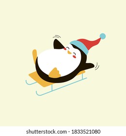 A cheerful penguin in a hat is rolling down the mountain on a sled. Winter fun. Christmas. Winter. New Year. Vector illustration