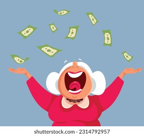 
Cheerful Pensioner Throwing Money up in the Air Vector Cartoon Illustration. Elderly woman enjoying her pension savings during retirement 
