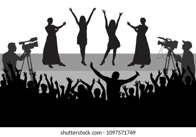 Cheerful people audience, celebrities on scene, operators (mass media), silhouette. Vector