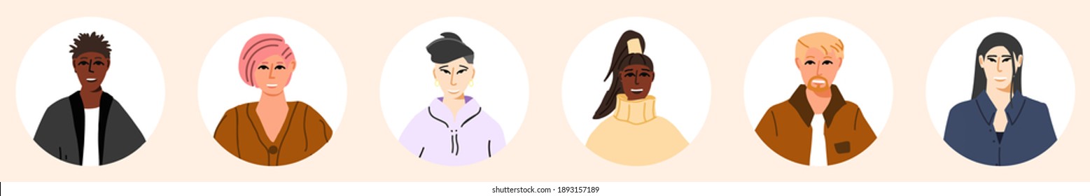 Cheerful people avatar collection. Set of multinational men and women character portraits. Asian, African American, Caucasian male and female face set. Cartoon Vector illustration.