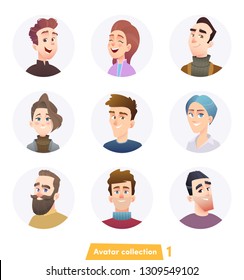 Cheerful people avatar collection. User faces. Trendy modern style. Flat Cartoon Character design.