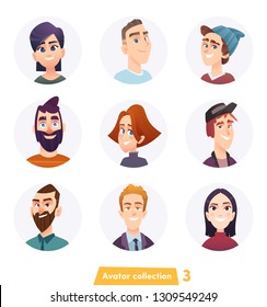 Cheerful people avatar collection. User faces. Trendy modern style. Flat Cartoon Character design.