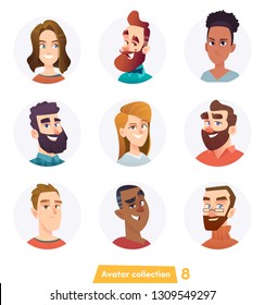 Cheerful people avatar collection. User faces. Trendy modern style. Flat Cartoon Character design.