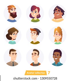 Cheerful people avatar collection. User faces. Trendy modern style. Flat Cartoon Character design.