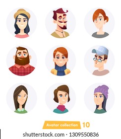 Cheerful people avatar collection. User faces. Trendy modern style. Flat Cartoon Character design.