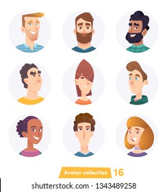 Cheerful people avatar collection. User faces. Trendy modern style. Flat Cartoon Character design