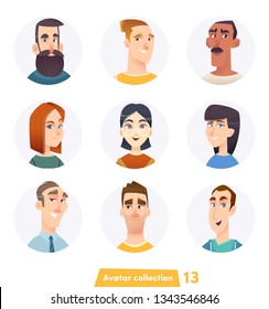 Cheerful people avatar collection. User faces. Trendy modern style. Flat Cartoon Character design