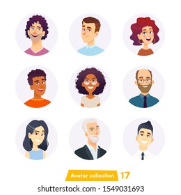 Cheerful people avatar collection. User faces. Trendy modern style. Flat Cartoon Character design.