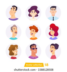 Cheerful people avatar collection. User faces. Trendy modern style. Flat Cartoon Character design.