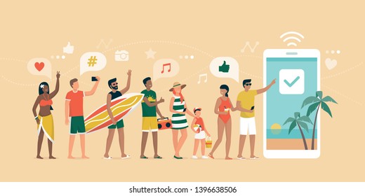 Cheerful people booking a summer vacation on the beach online, they are standing in line, having fun and using a smartphone app