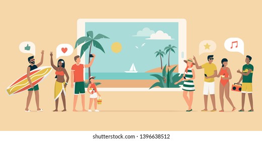 Cheerful people booking a summer vacation online, they are having fun and standing next to a digital tablet with view on a tropical beach with palms