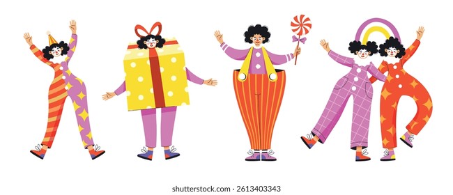 Cheerful people in carnival costumes on a white background.Cheerful clowns in colorful outfits engage in playful activities at a festive carnival. 