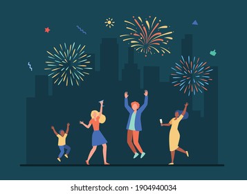 Cheerful people celebrating with colorful salute. Drink, party, Christmas flat vector illustration. Celebration and holiday concept for banner, website design or landing web page