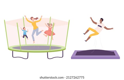 Personajes alegres saltan y cuelgan sobre la Trampolina con un conjunto de vectores divertidos
