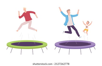 Cheerful People Character Jumping and Bouncing on Trampoline Having Fun Vector Set