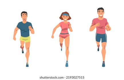 Cheerful People Character Running Marathon or Long-distance Foot Race Vector Set