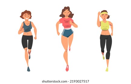 Cheerful People Character Running Marathon or Long-distance Foot Race Vector Set