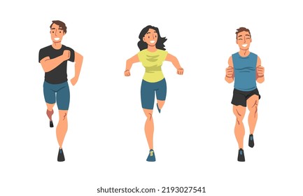 Cheerful People Character Running Marathon or Long-distance Foot Race Vector Set