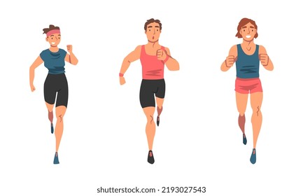 Cheerful People Character Running Marathon or Long-distance Foot Race Vector Set