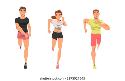 Cheerful People Character Running Marathon or Long-distance Foot Race Vector Set
