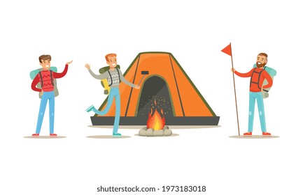 Cheerful People Characters with Backpack Hiking or Trekking Vector Illustration Set