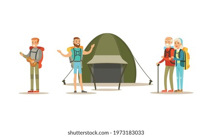 Cheerful People Characters with Backpack Hiking or Trekking Vector Illustration Set