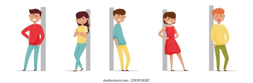 Cheerful People Characters Leaned Against the Wall Vector Set
