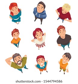 Cheerful People Characters Looking Up Set, View from Above Vector Illustration