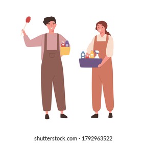 Cheerful people, cleaning service staff in janitor uniform with housekeeping box tool. Man, woman housemaid worker, cleaning company. Flat vector cartoon illustration isolated on white background